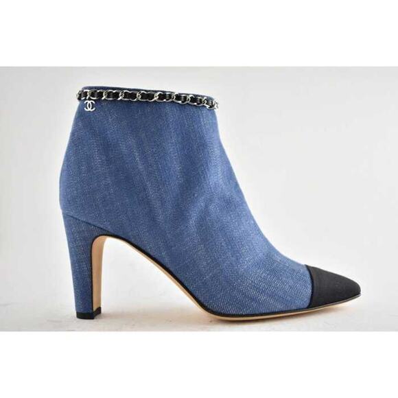 Chanel 20C Blue Denim Fabric Black Chain CC Logo Short Ankle Heel Boot Bootie 39 - Picture 2 of 11